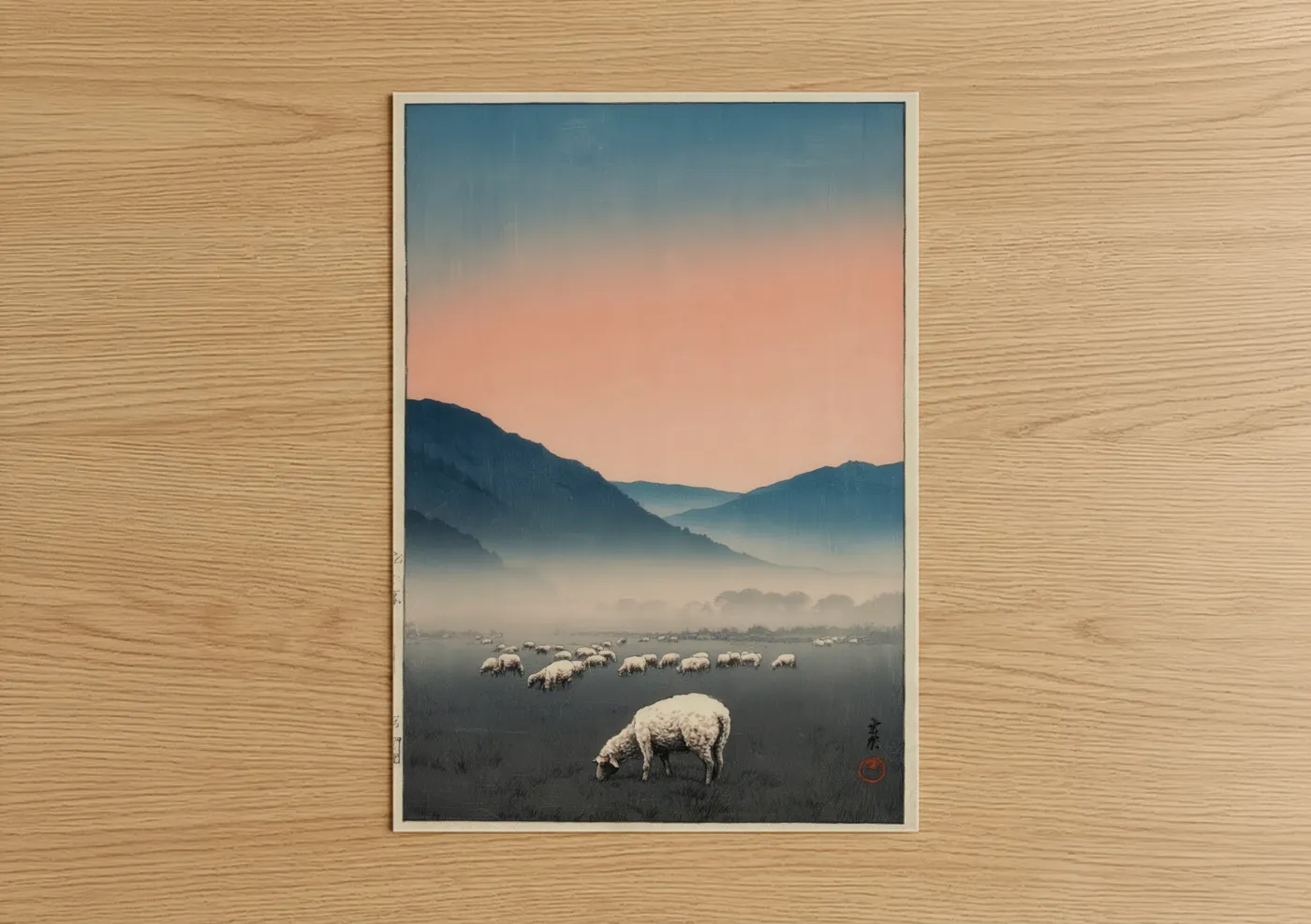 Art print on warm oak wood — blue and peach palette — Misty Valley Sheep poster