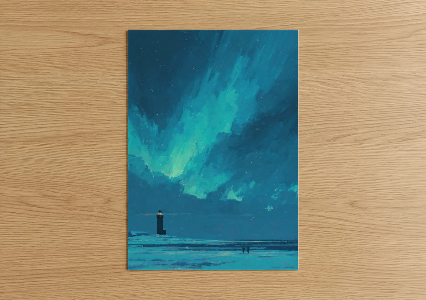 Art print on warm oak wood — blue and turquoise palette — Aurora Lighthouse poster