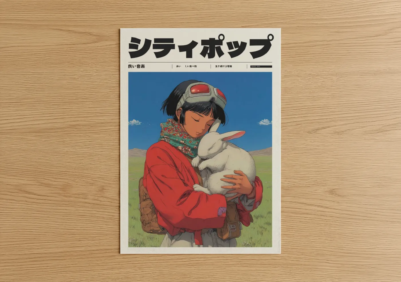 Art print on warm oak wood — red and blue palette — Girl with Rabbit poster