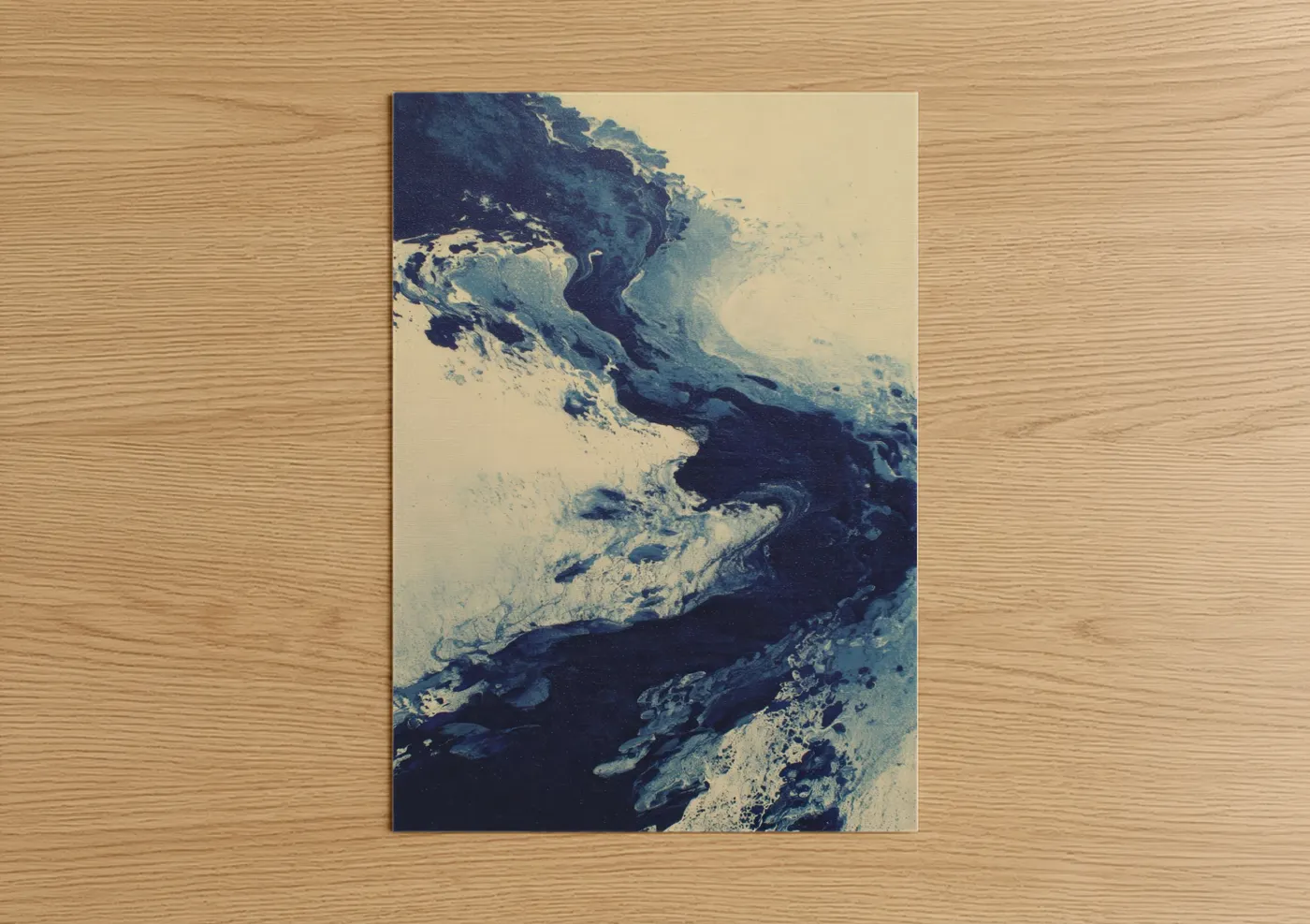 Swimming art print on warm oak wood — cream palette — Abstract Wave Motion poster