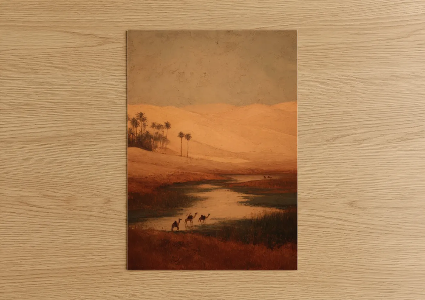 Art print on warm oak wood — gold and russet palette — Desert Oasis poster