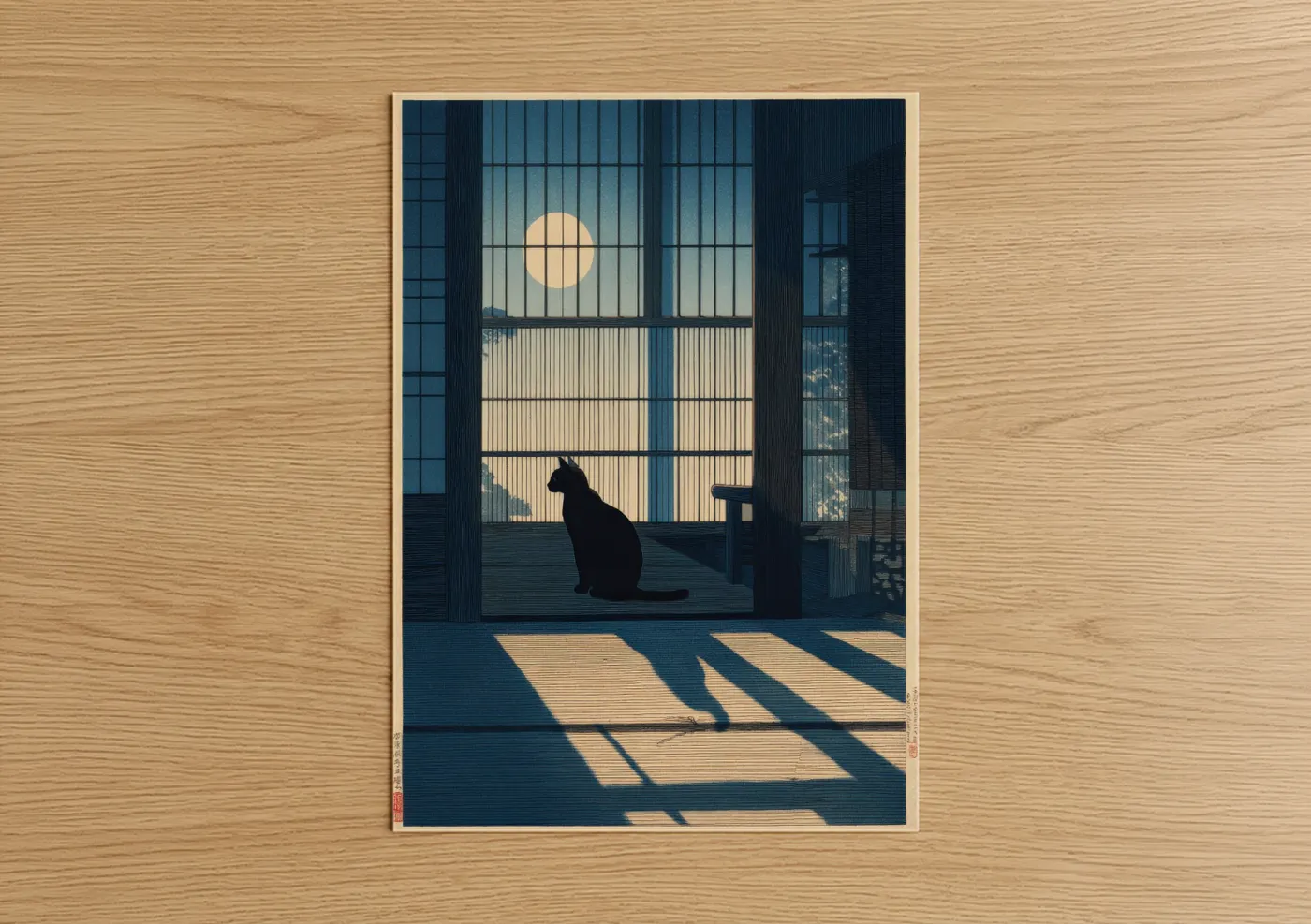 Art print on warm oak wood — blue and white and gold palette — Moonlit Cat poster