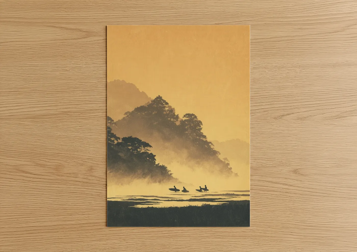 Surfing art print on warm oak wood — yellow gold and black palette — Golden Hour Surfers poster