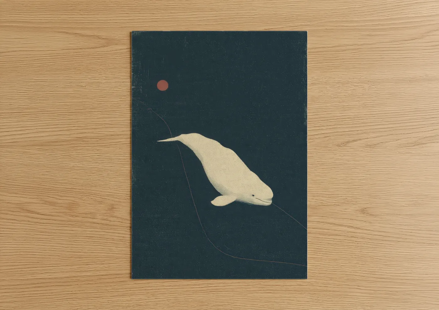 Beluga whale art print on warm oak wood — dark blue and cream palette — Beluga Moonlight poster