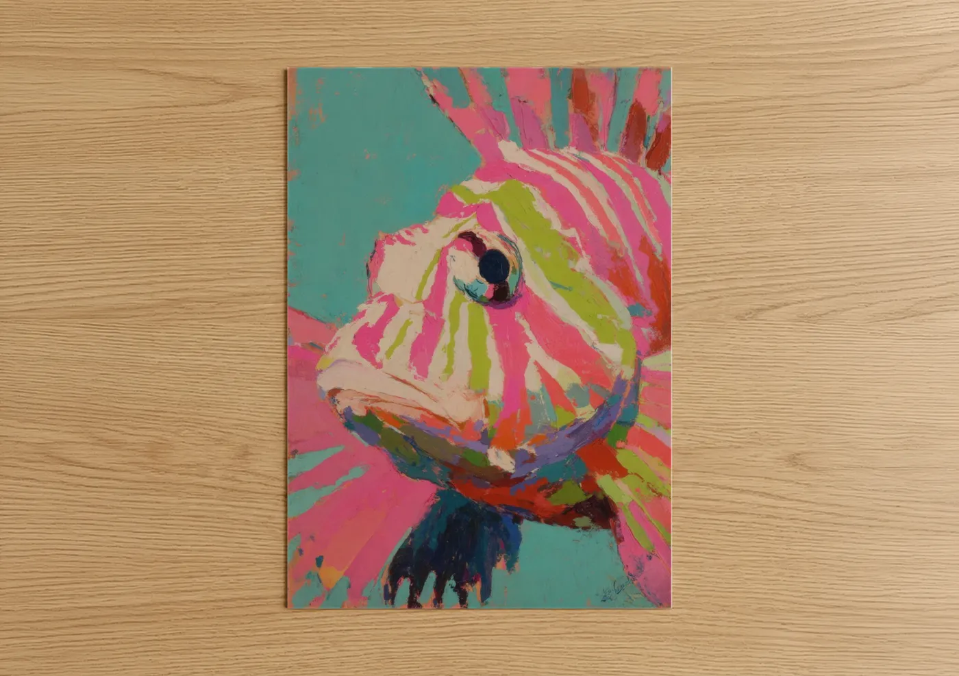 Art print on warm oak wood — magenta and teal palette — Vibrant Lionfish poster