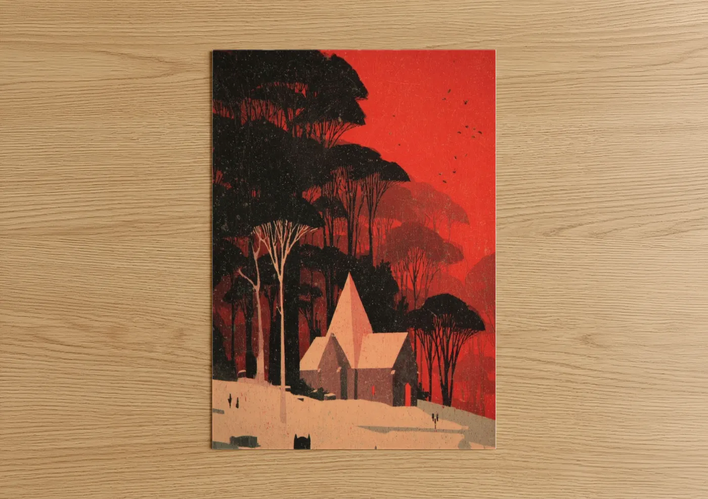 Churches and chapels art print on warm oak wood — red and black palette — Crimson Chapel Winter poster