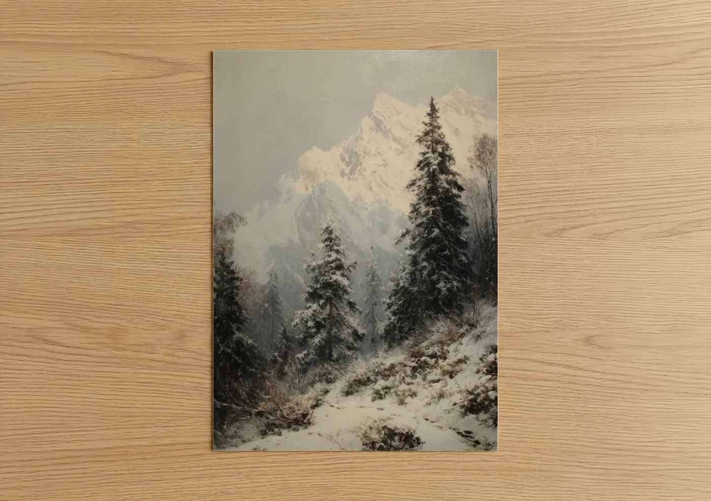 Snowy mountains art print on warm oak wood — white and gray palette — Snowy Mountain Vista poster