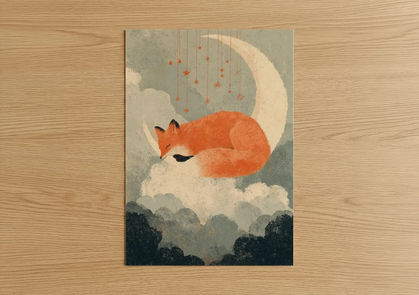 Art print on warm oak wood — orange and gray palette — Sleeping Fox Moon poster
