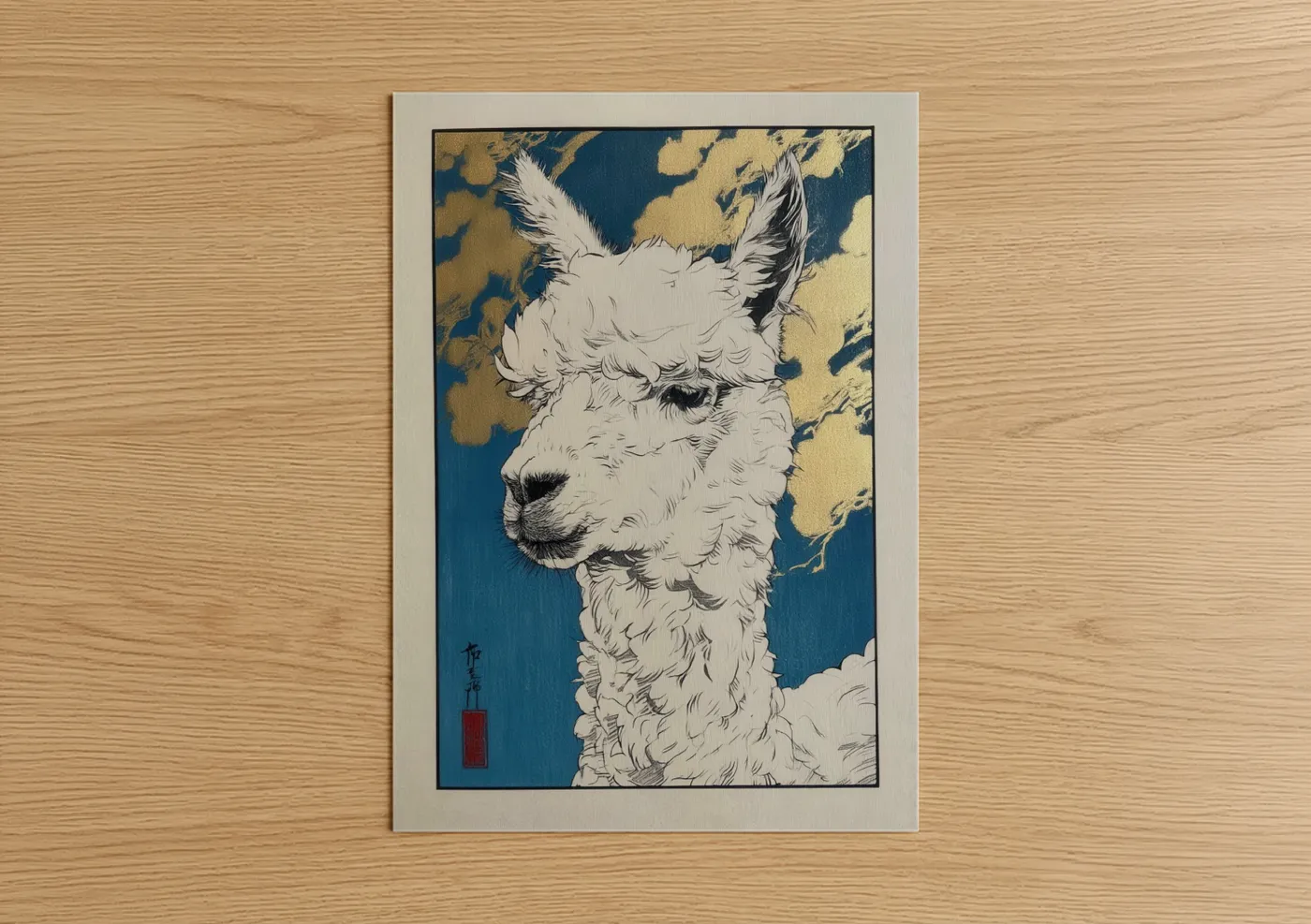 White Alpaca Portrait Blue Gold Artwork Wall Art