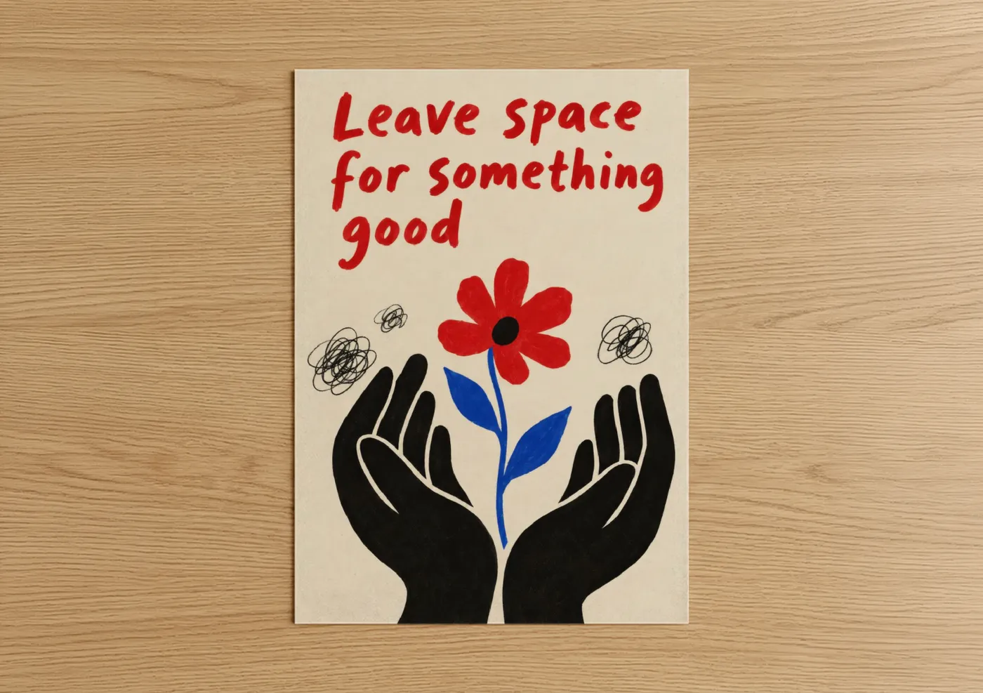Abstract flower art print on warm oak wood — red and beige palette — Inspirational Flower Hands Wall Art poster