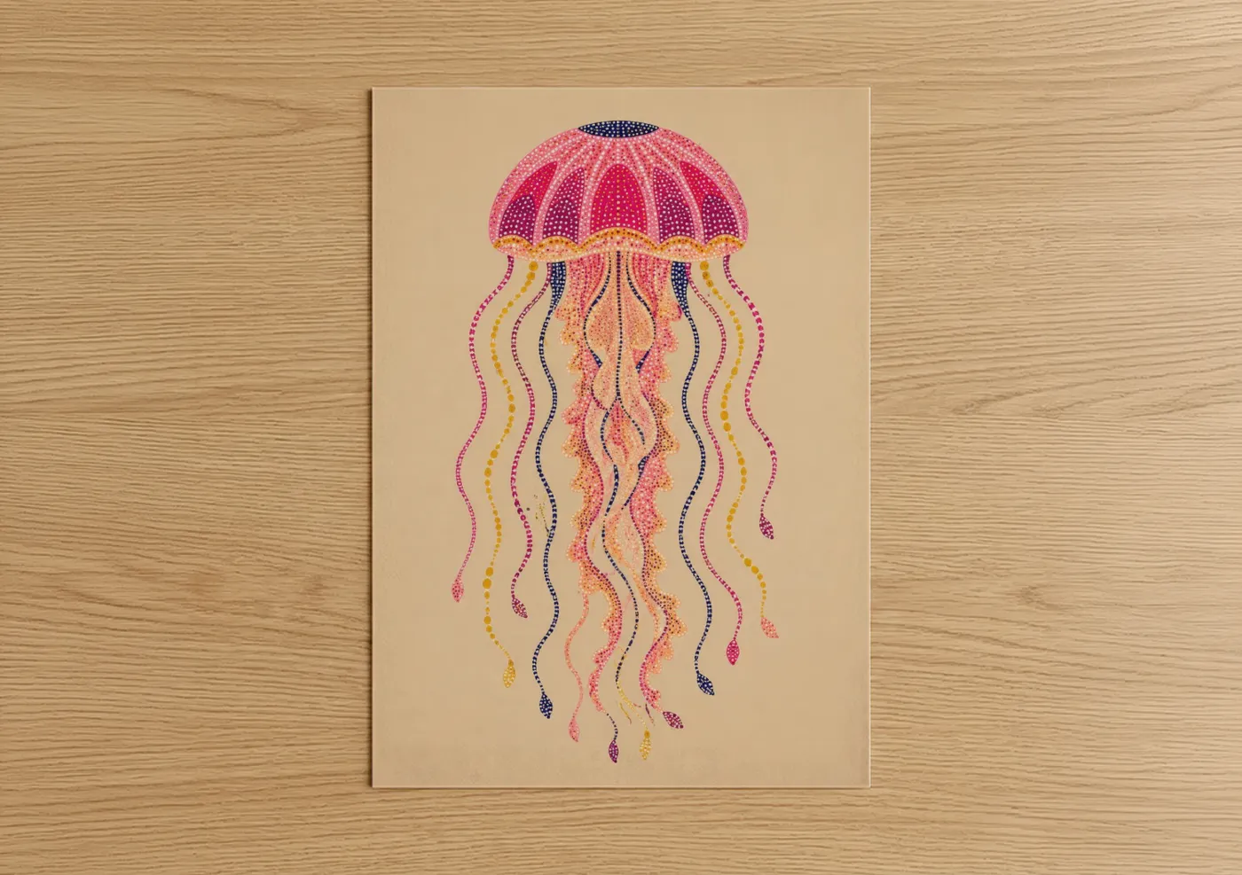 Art print on warm oak wood — pink and peach palette — Pink Jellyfish Dot Art Wall Art poster