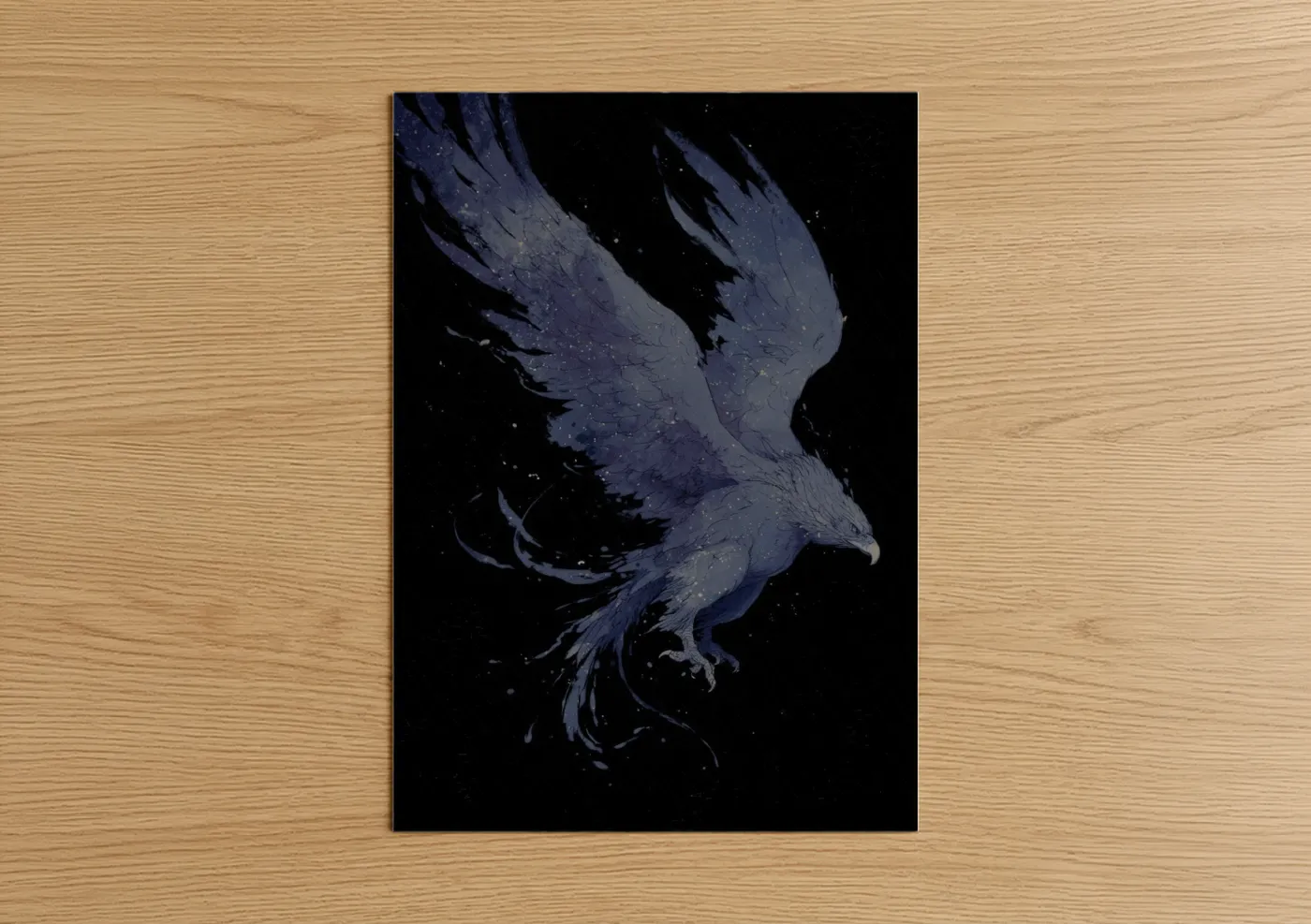 Art print on warm oak wood — dark blue and blue palette — Celestial Griffin poster
