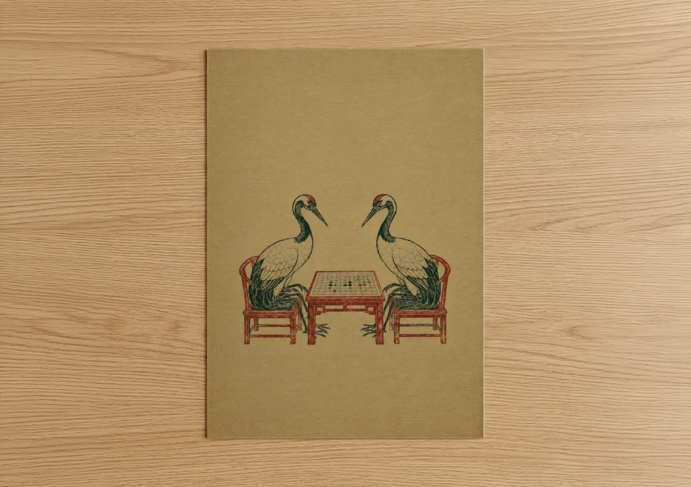 Art print on warm oak wood — beige and red palette — Japanese Crane Playing Go Wall Art poster