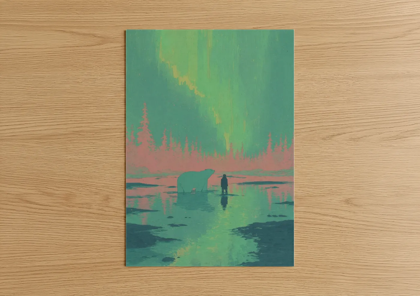 Swimming art print on warm oak wood — teal and salmon pink palette — Arctic Swimmer poster