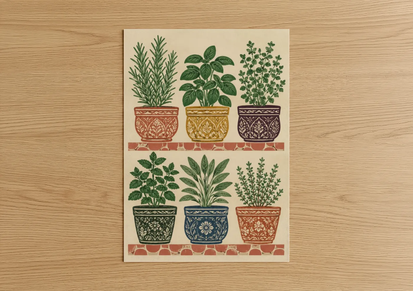 Herbs art print on warm oak wood — green and beige palette — Potted Herb Garden Kitchen Wall Art poster