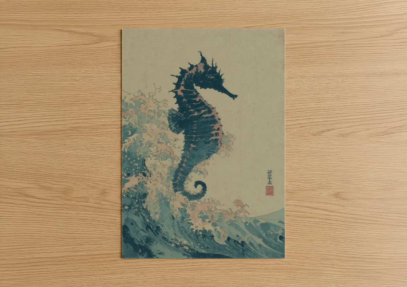 Wave Seahorse Japanese Woodblock Wall Art