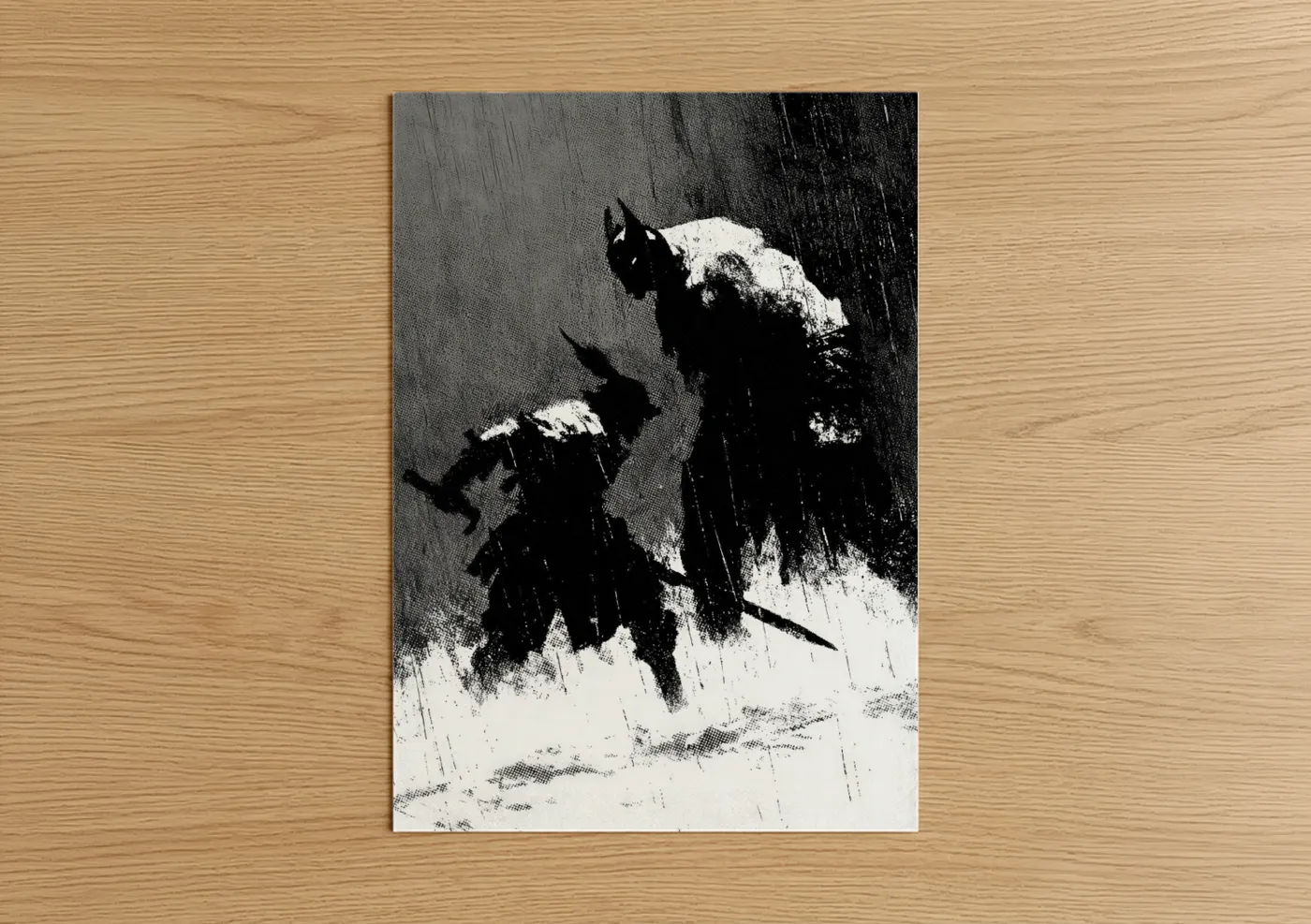 Art print on warm oak wood — black and white palette — Snowy Orc Warriors poster