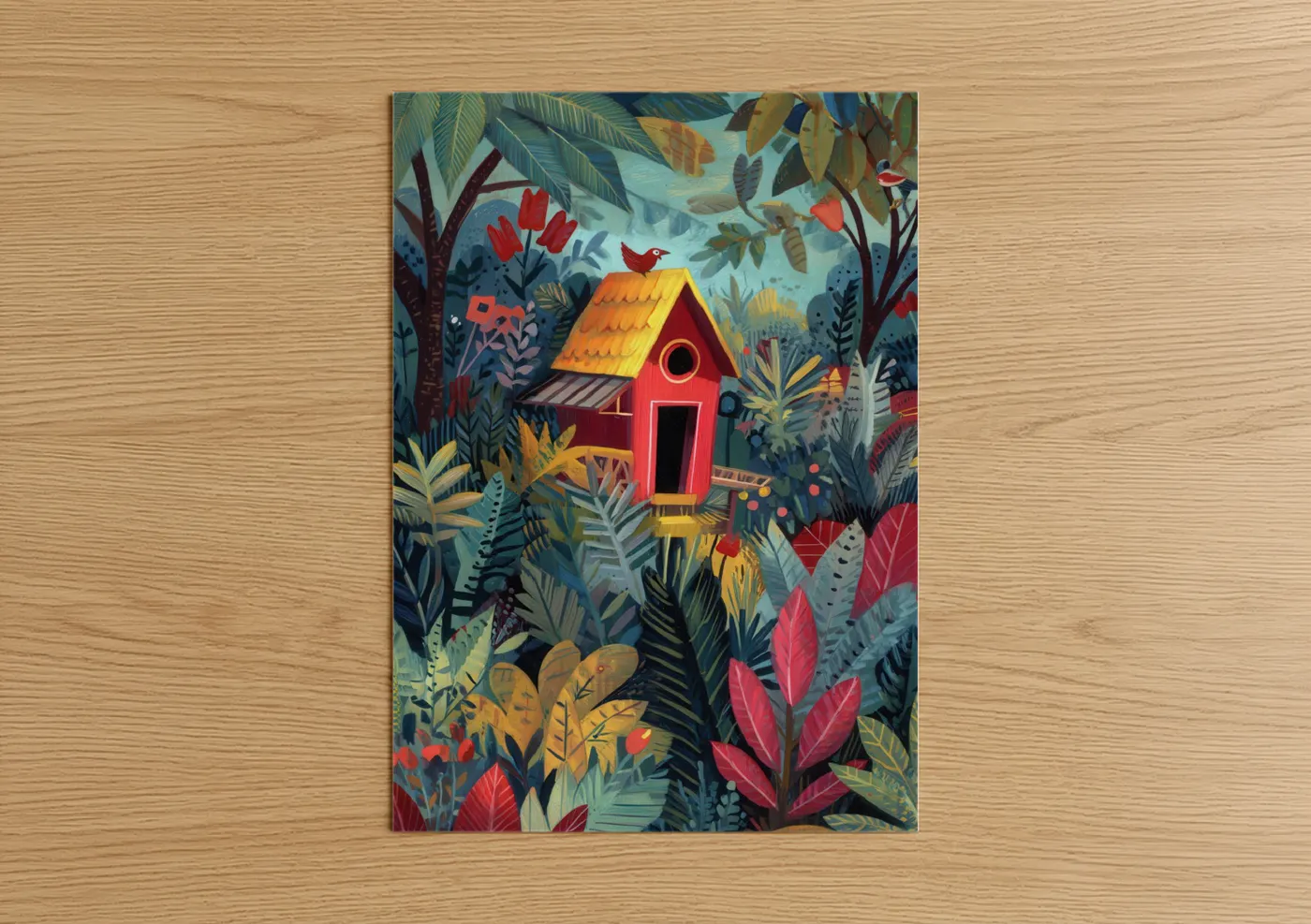 Chicken and roosters art print on warm oak wood — red and gold palette — Garden Birdhouse poster