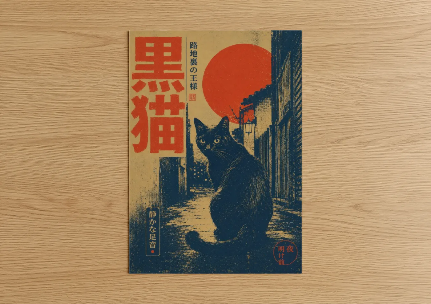 Art print on warm oak wood — red and beige palette — Japanese Black Cat Alley Wall Art poster