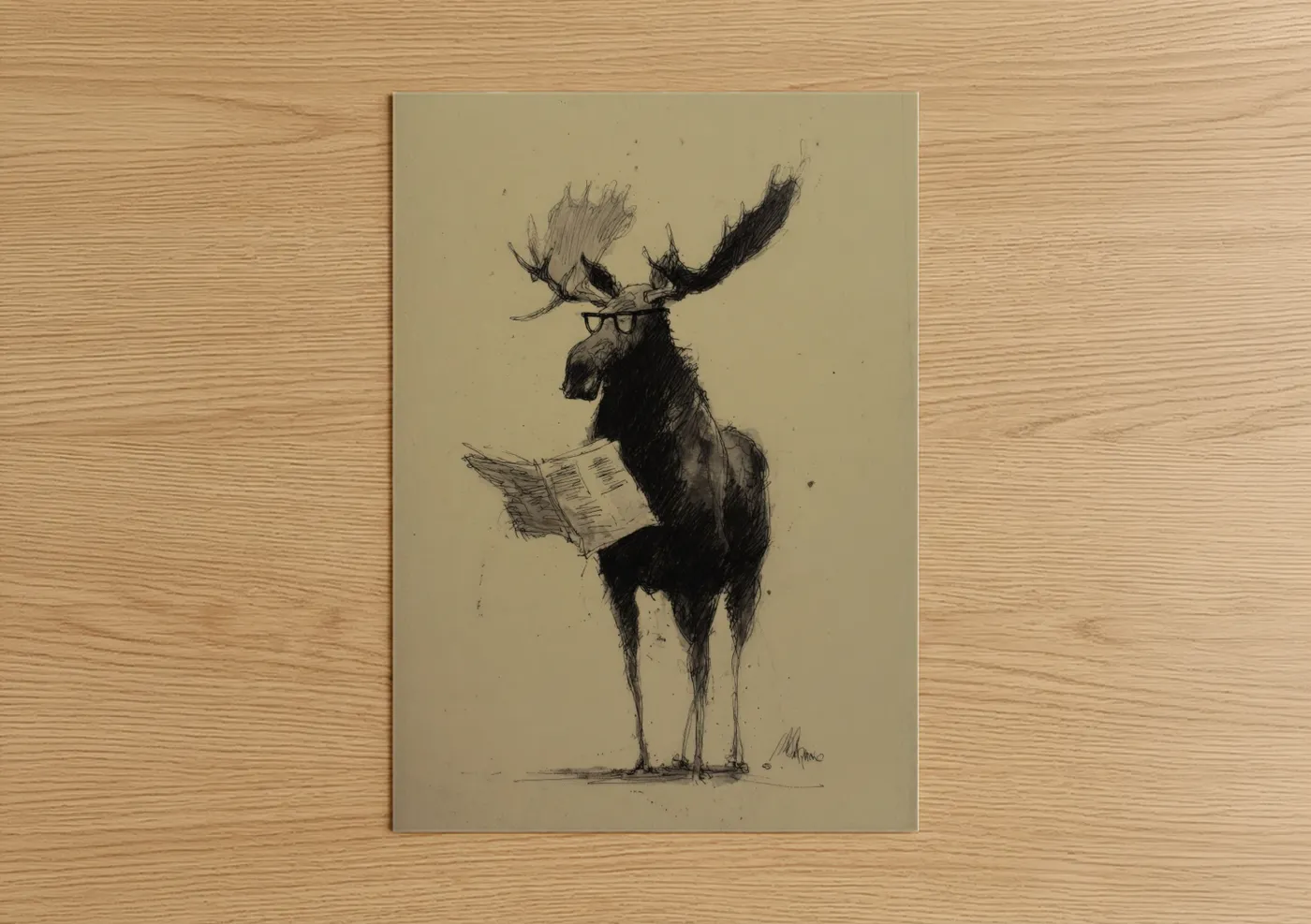 Intellectual Moose Reading Newspaper Sketch Wall Art