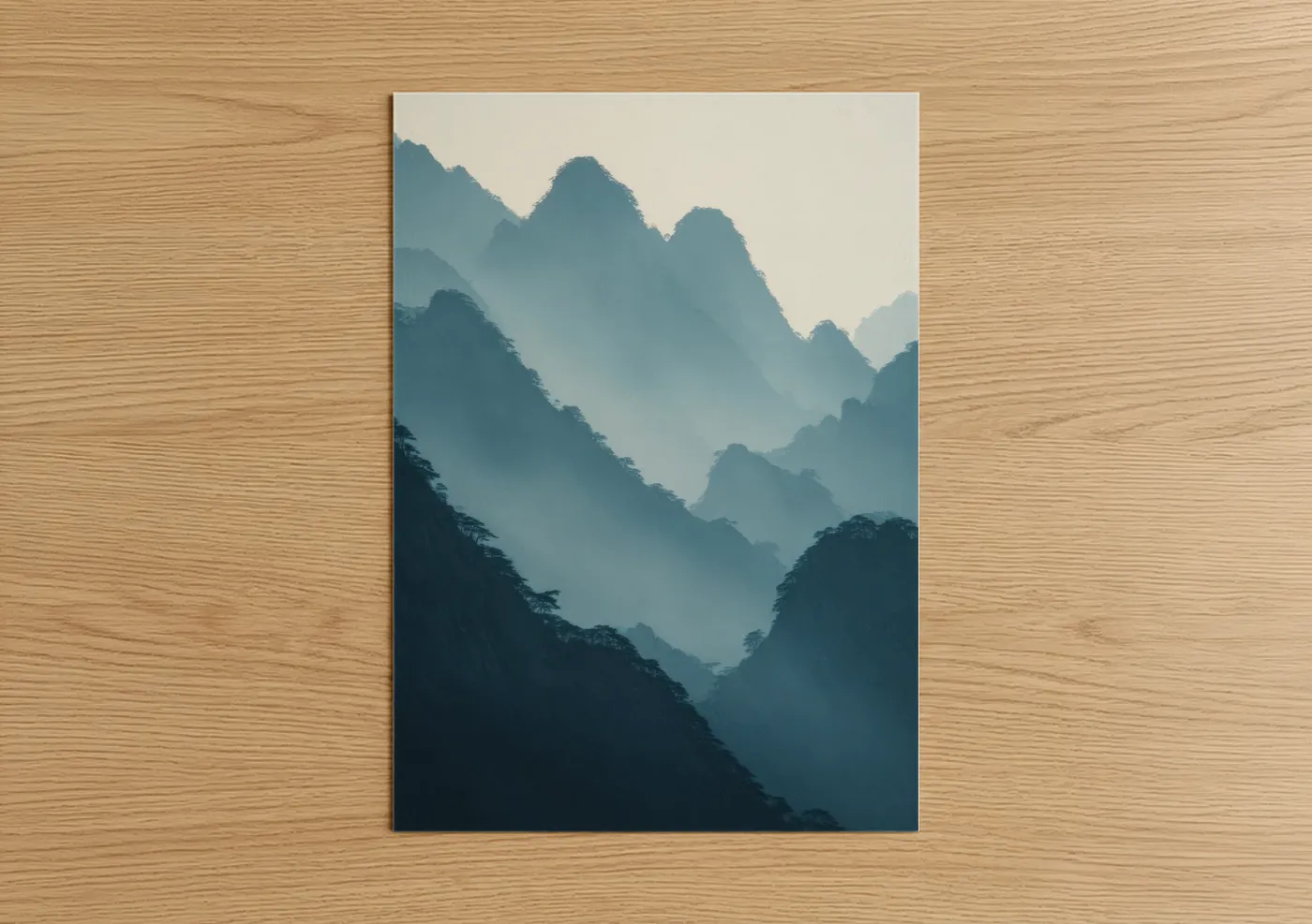 Art print on warm oak wood — dark blue and dove gray palette — Misty Mountain Layers poster