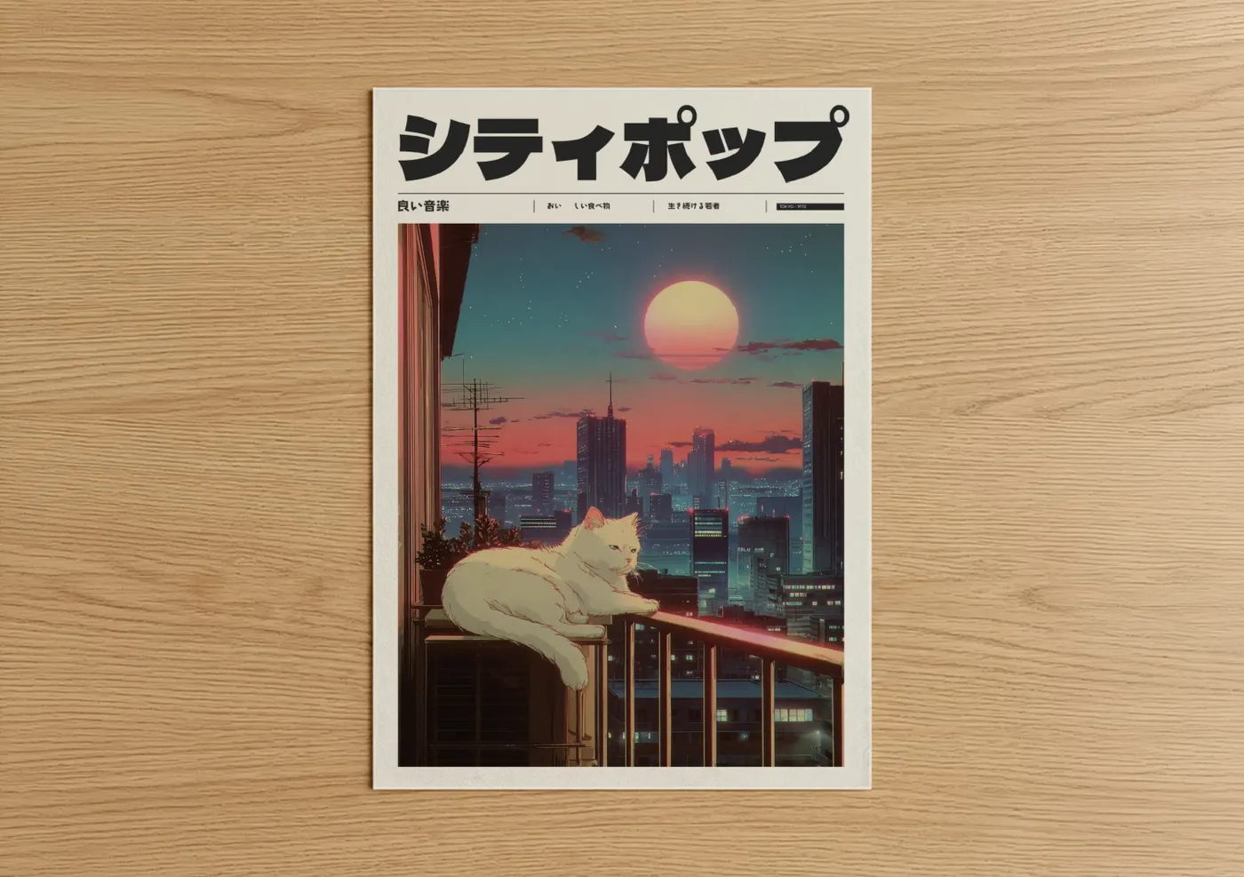 Anime and manga art print on warm oak wood — gold and blue palette — Sunset Cat Tokyo poster