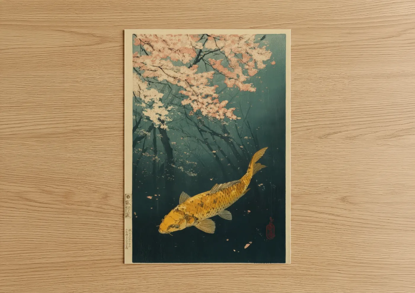 Golden Koi Fish Japanese Woodblock Wall Art