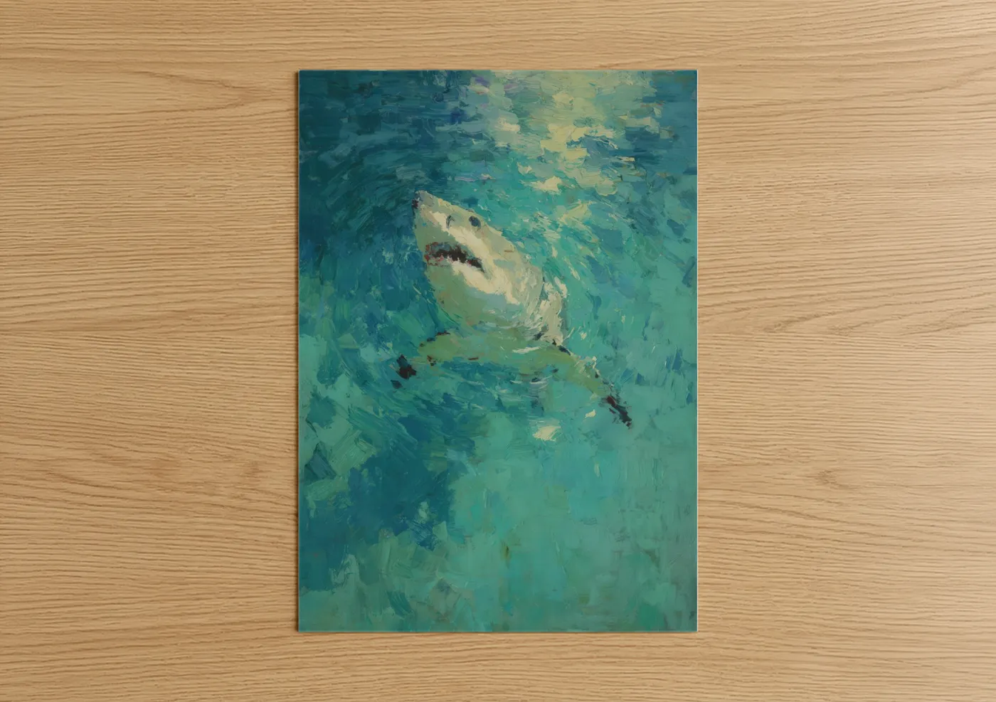 Art print on warm oak wood — teal and blue and gold palette — Basking Shark Ascent poster