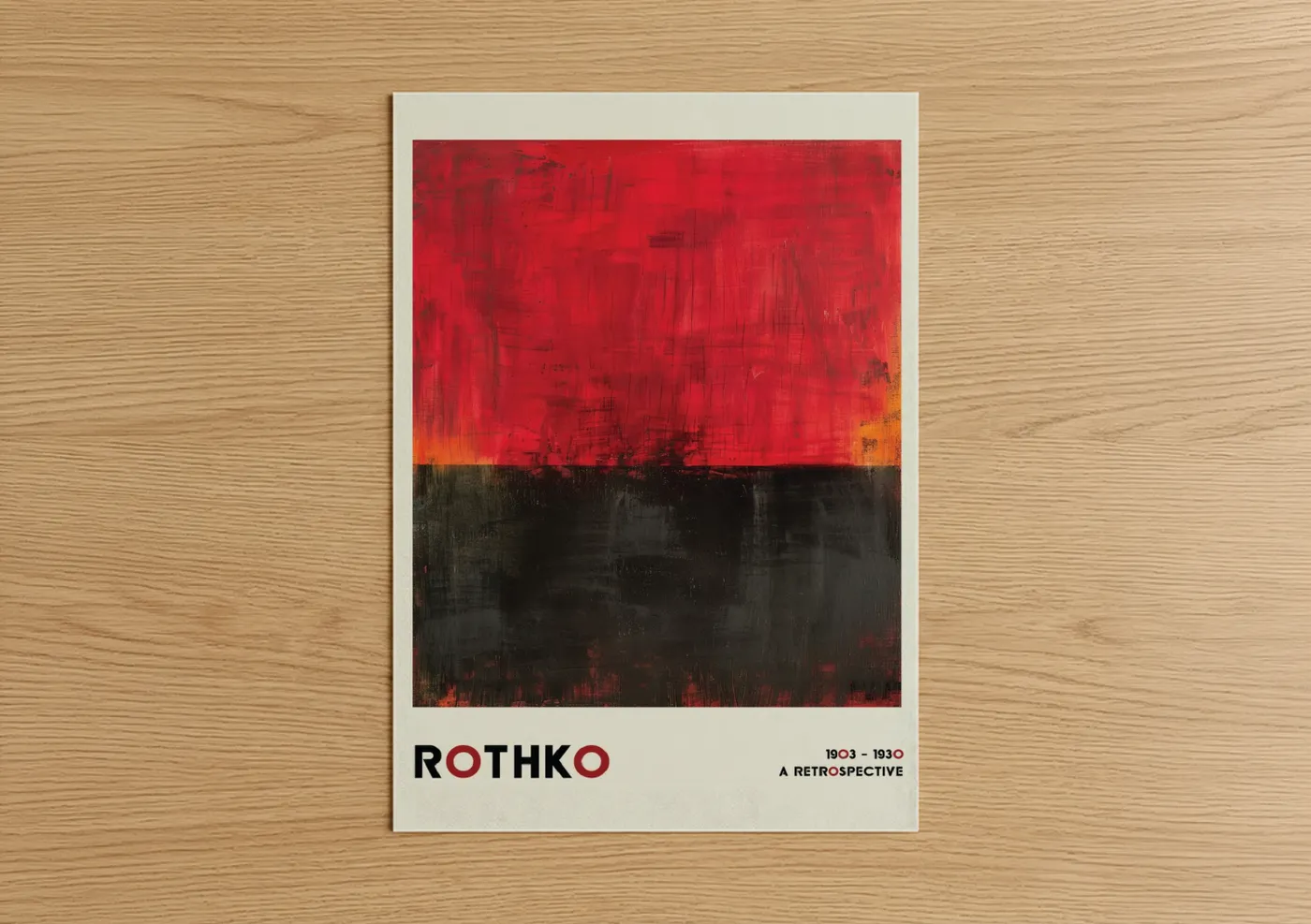 Abstract classic art print on warm oak wood — red and black palette — Crimson Horizon poster
