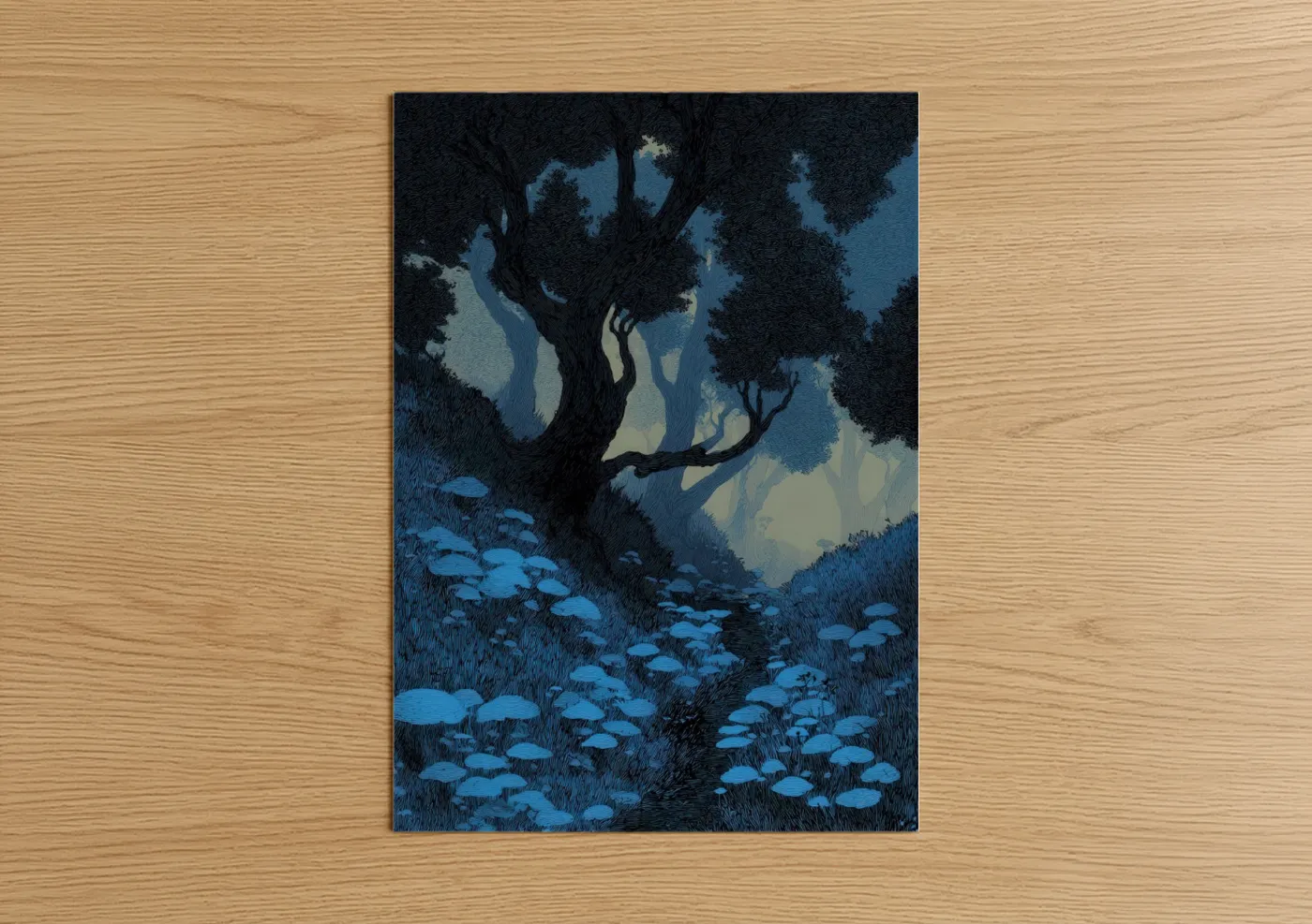 Dark fantasy art print on warm oak wood — dark blue and black palette — Moonlit Grove poster