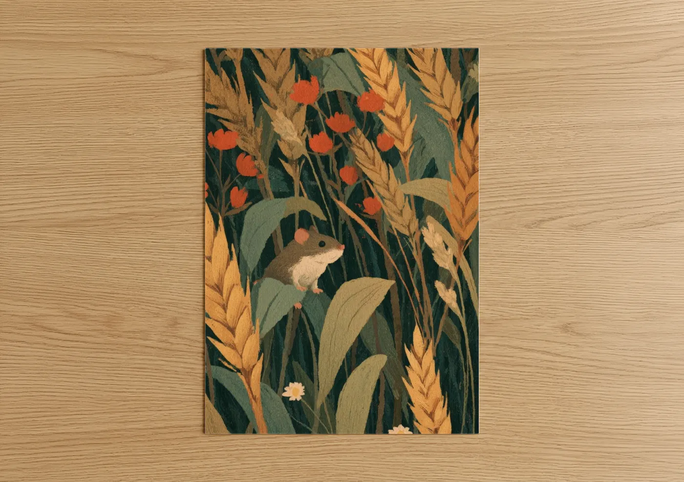 Harvest Mouse Grain Field Illustration Wall Art