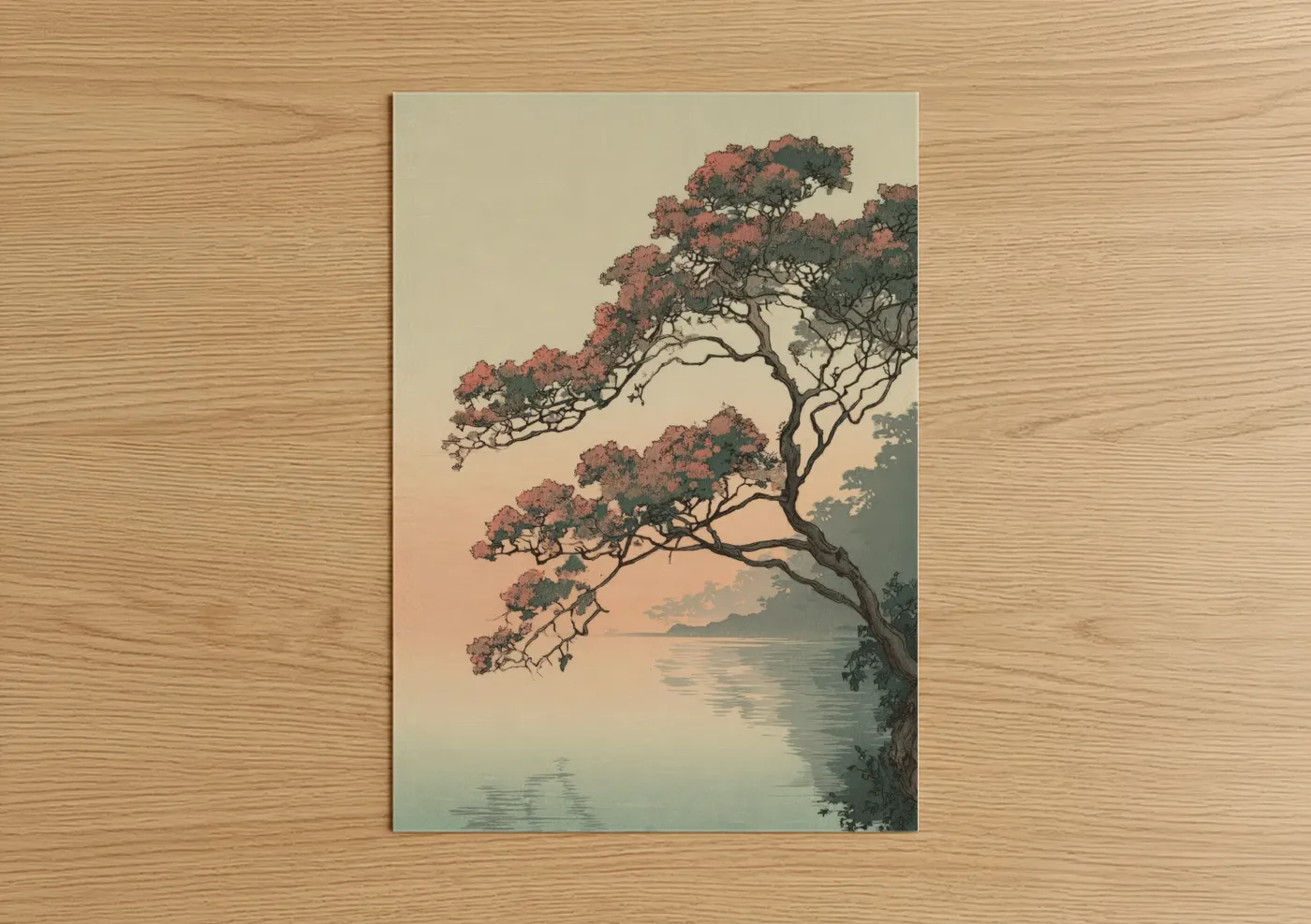 Arbutus tree art print on warm oak wood — cream and sage green palette — Waterside Arbutus poster