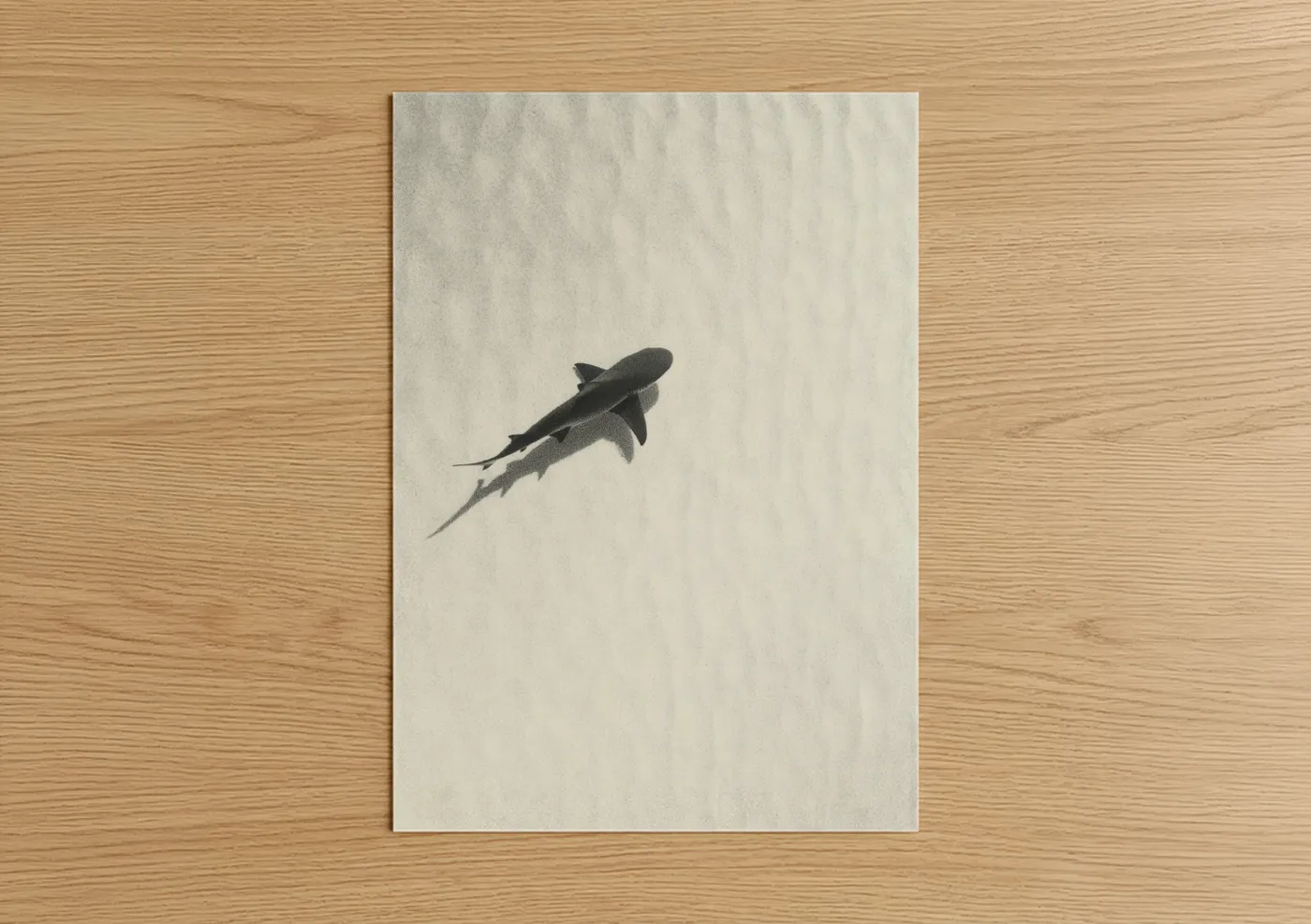 Sand tiger shark art print on warm oak wood — black and white and cream palette — Gliding Sand Tiger poster