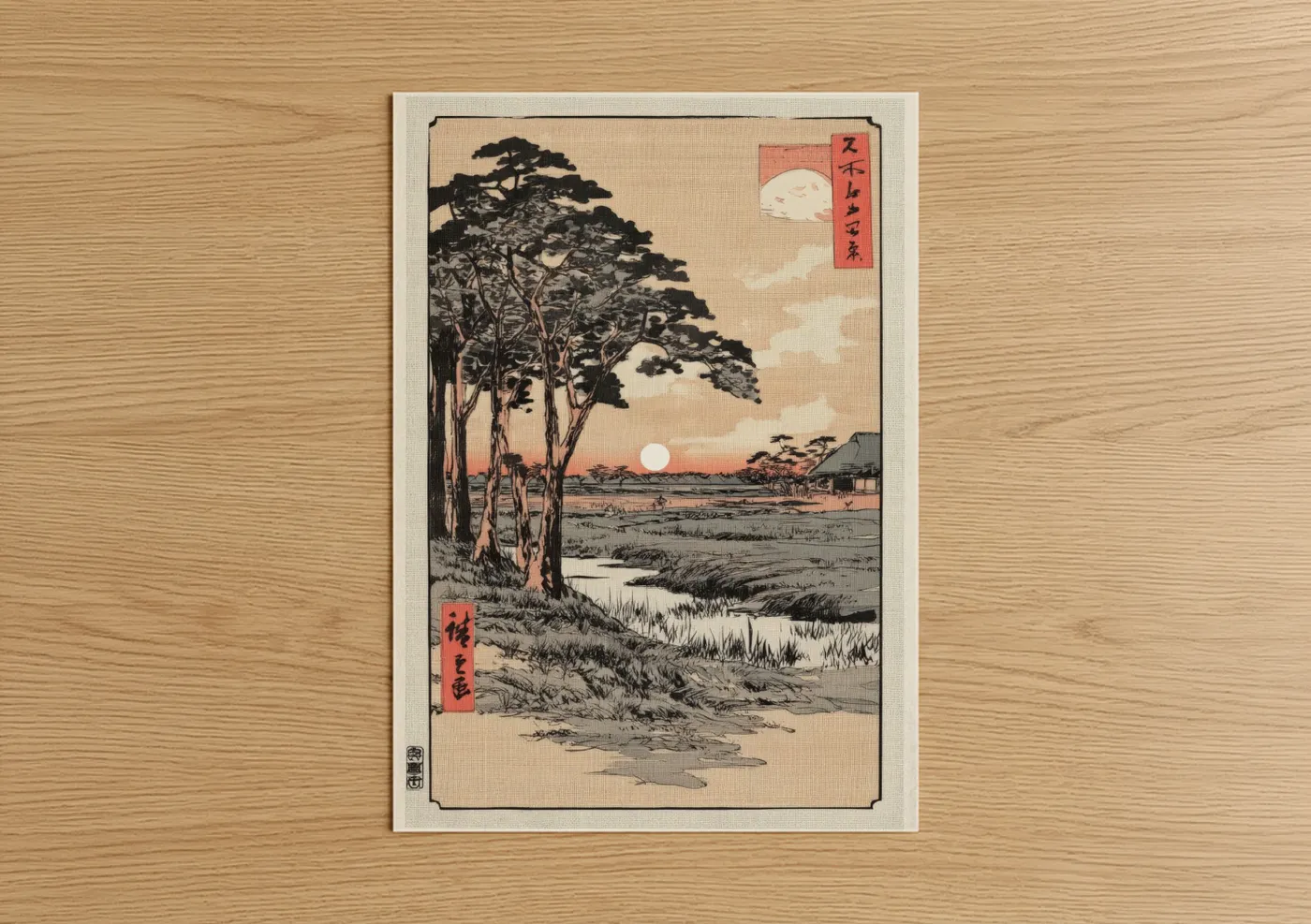 Various landscapes art print on warm oak wood — gold and black and white palette — Sunset Pine Landscape poster