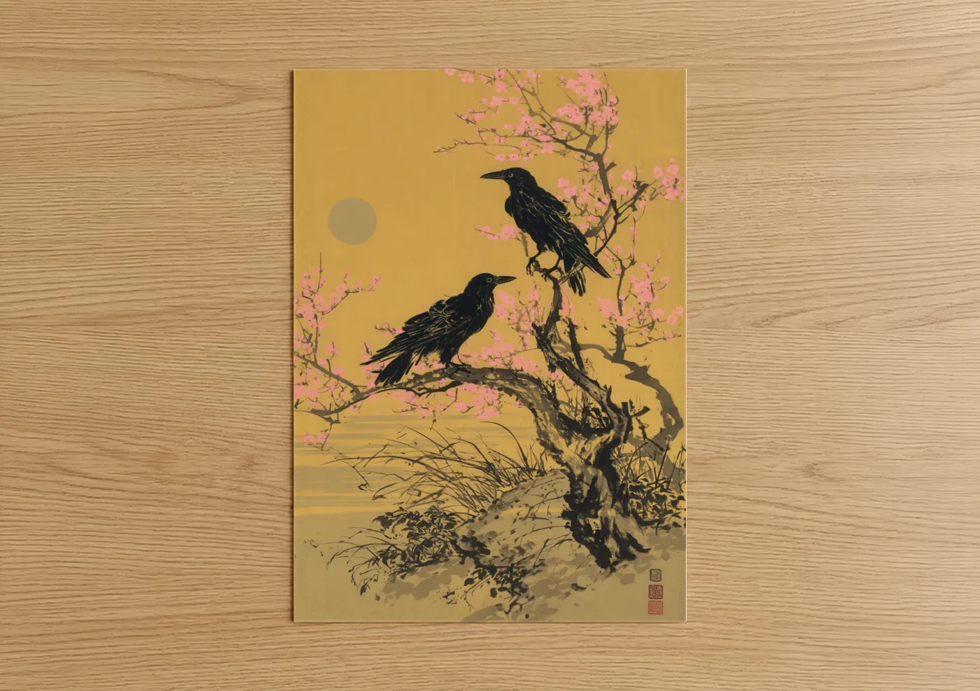 Cherry Blossom Ravens Japanese Art Print Wall Art