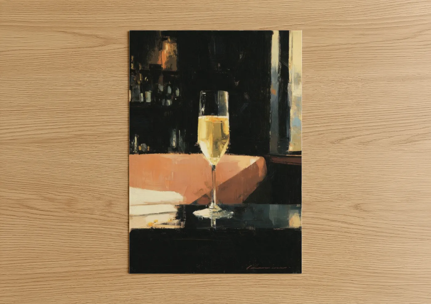 New years eve art print on warm oak wood — black and gold palette — Champagne Celebration poster