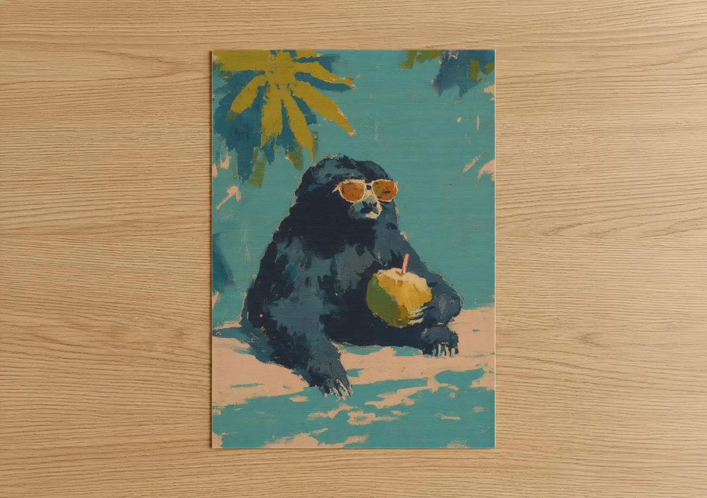 Art print on warm oak wood — turquoise and gold palette — Cool Sloth Bear poster