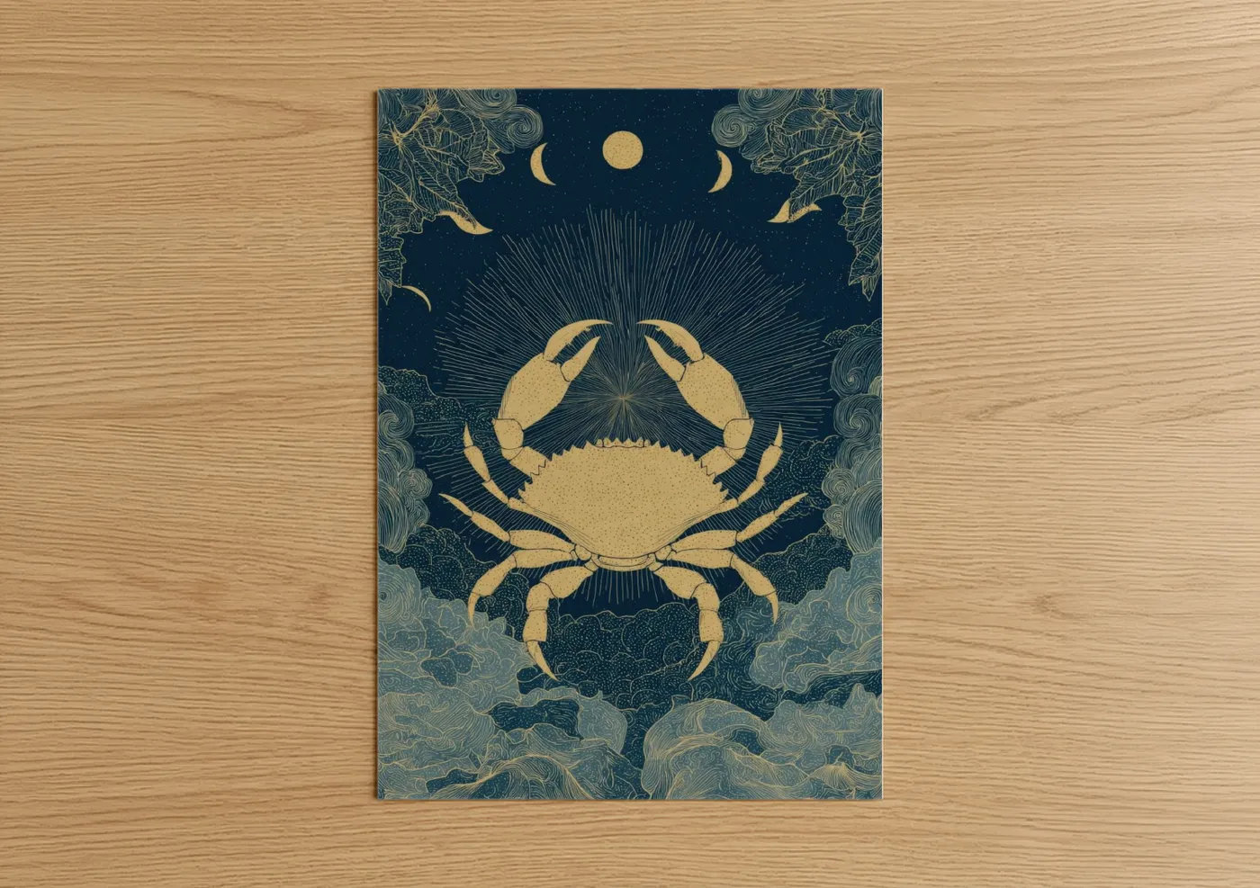 Art print on warm oak wood — gold and dark blue palette — Celestial Cancer poster