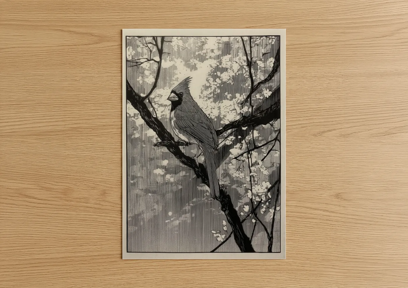 Spring Cardinal Black and White Illustration Wall Art