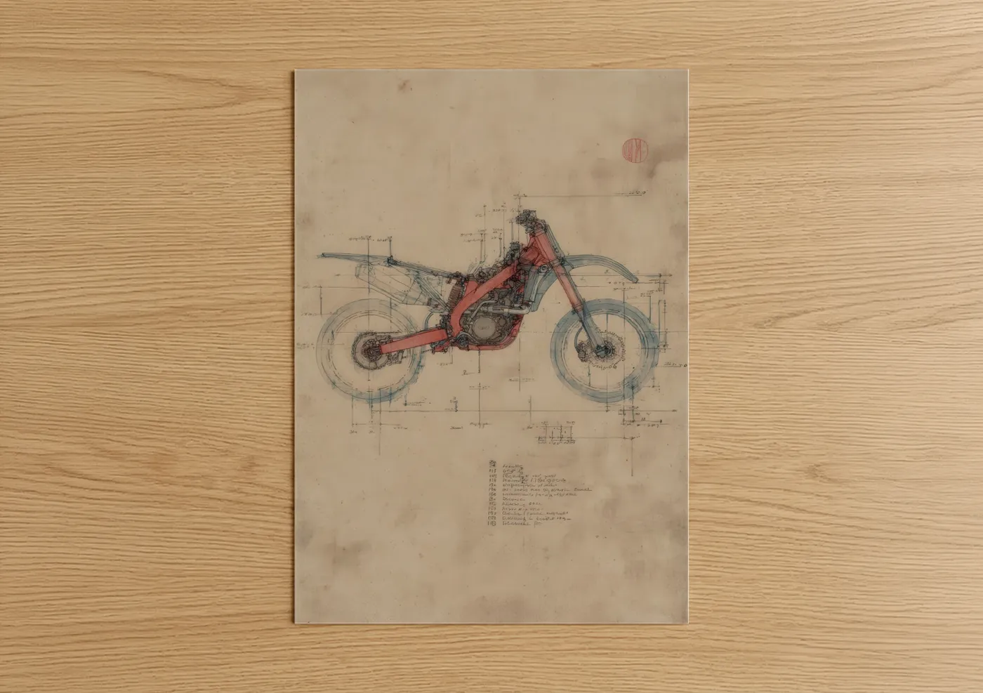 Vintage motorcycle art print on warm oak wood — red and gray palette — Crimson Blueprint Motorcycle poster