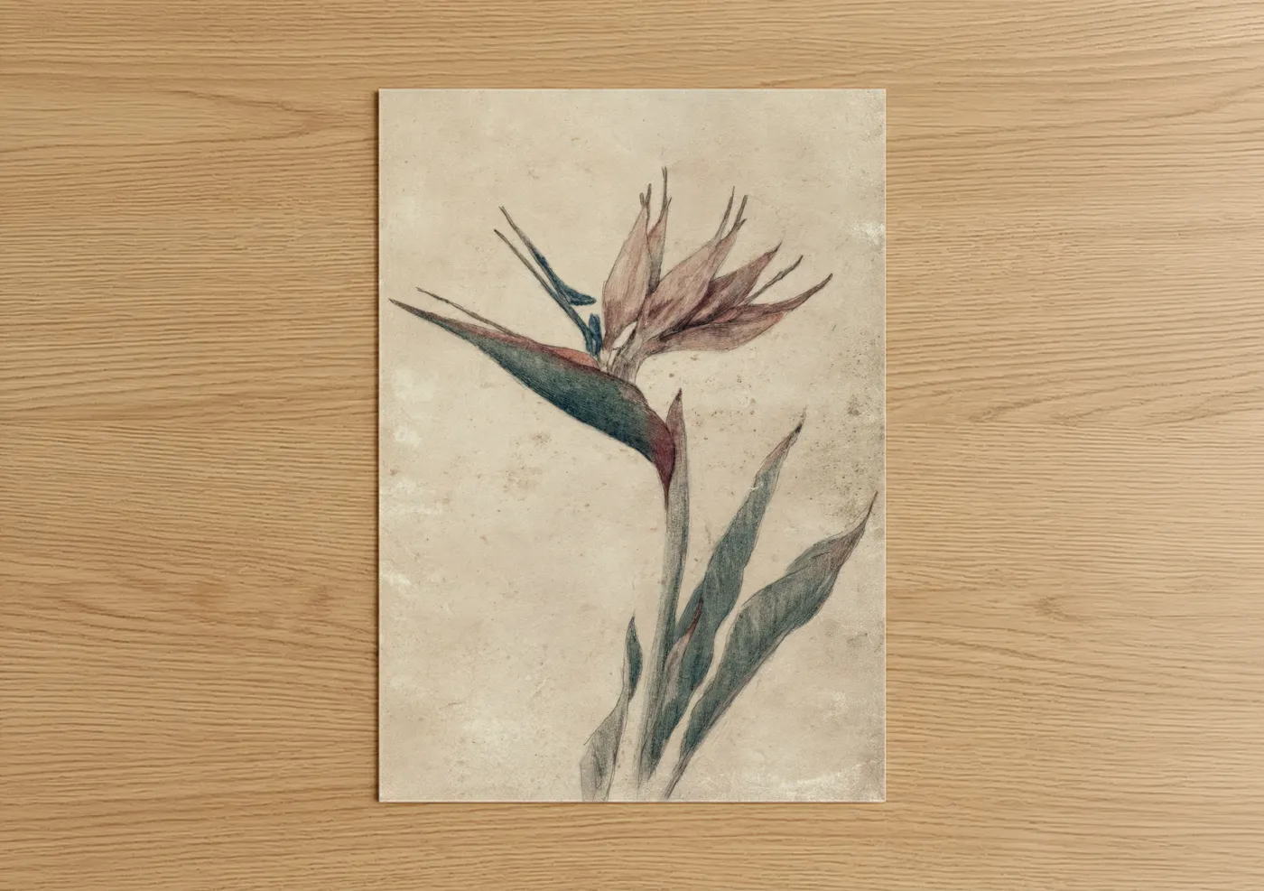 Birds of paradise art print on warm oak wood — cream and russet palette — Stained Paradise Bloom poster