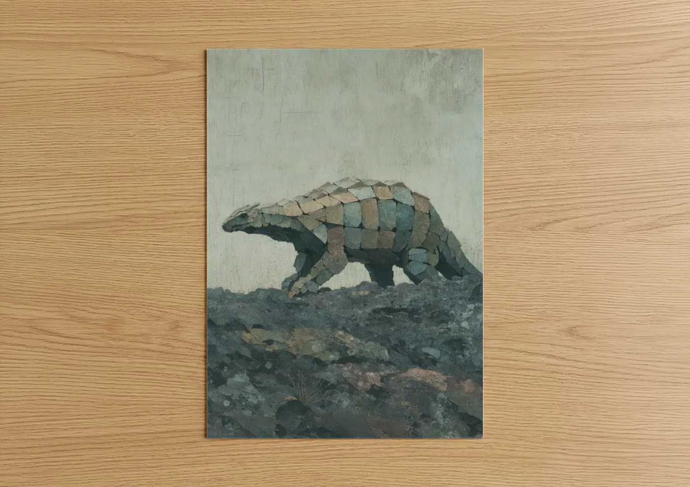 Art print on warm oak wood — teal and gray palette — Stone Dinosaur poster