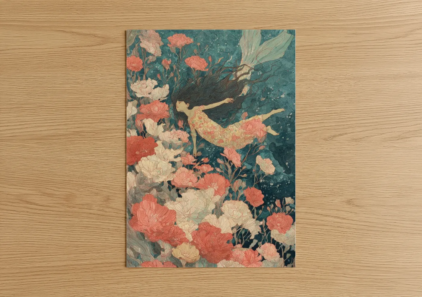 Mermaid Among Flowers Illustration Wall Art