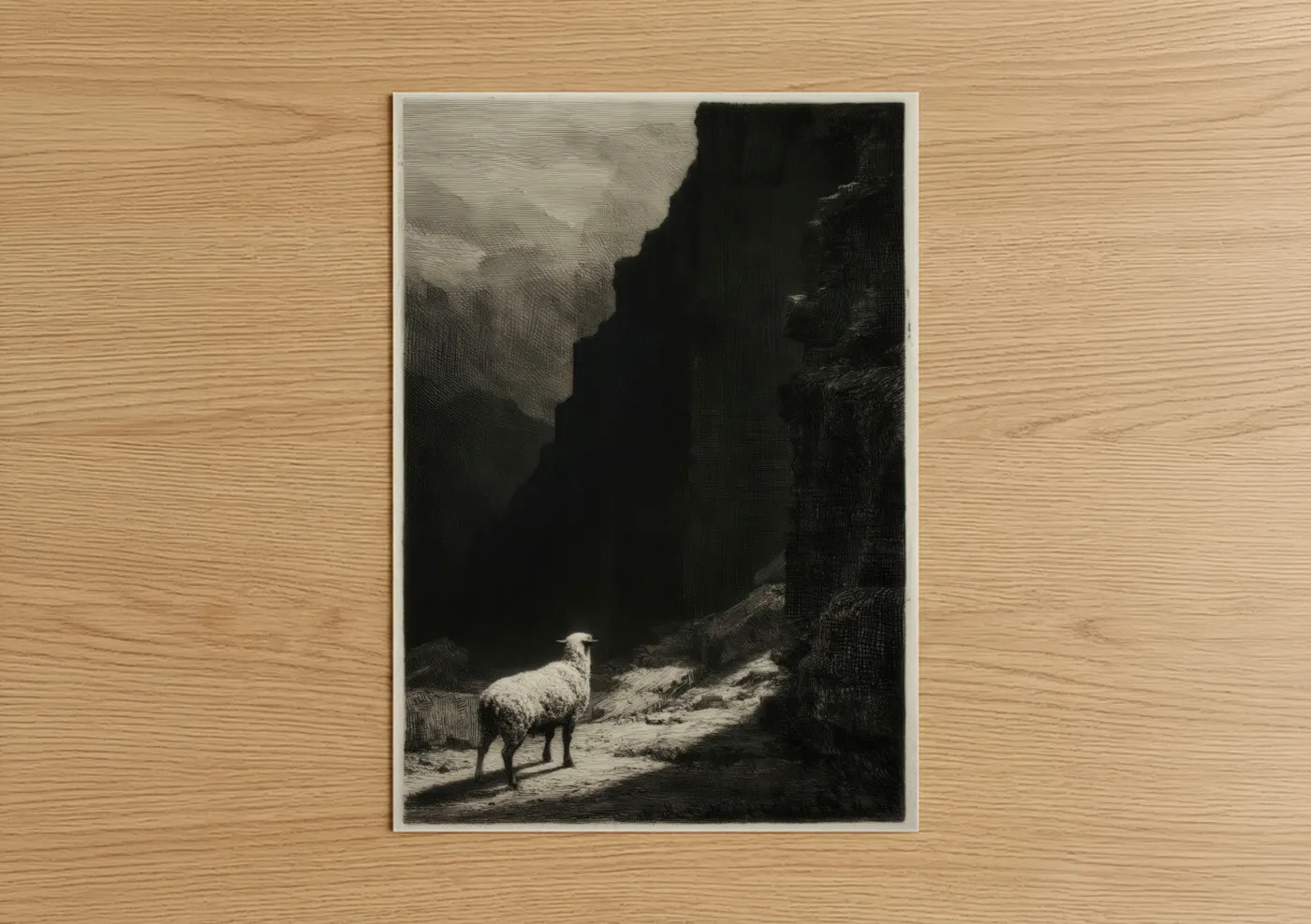Art print on warm oak wood — black and white and gray palette — Canyon Sheep poster