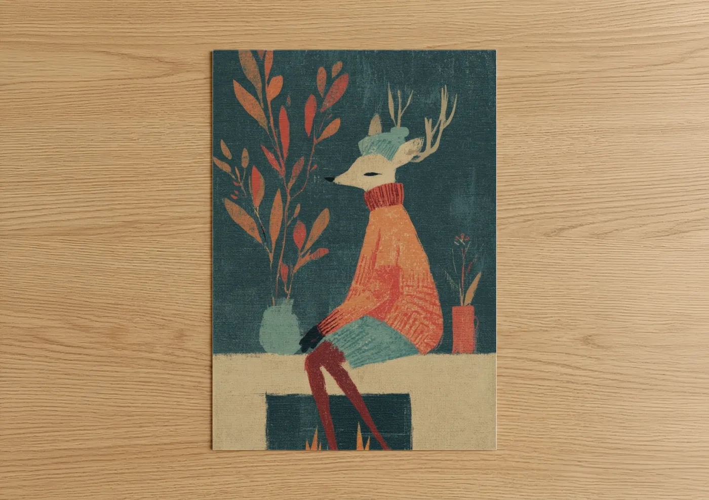 Art print on warm oak wood — dark green and russet palette — Cozy Reindeer poster