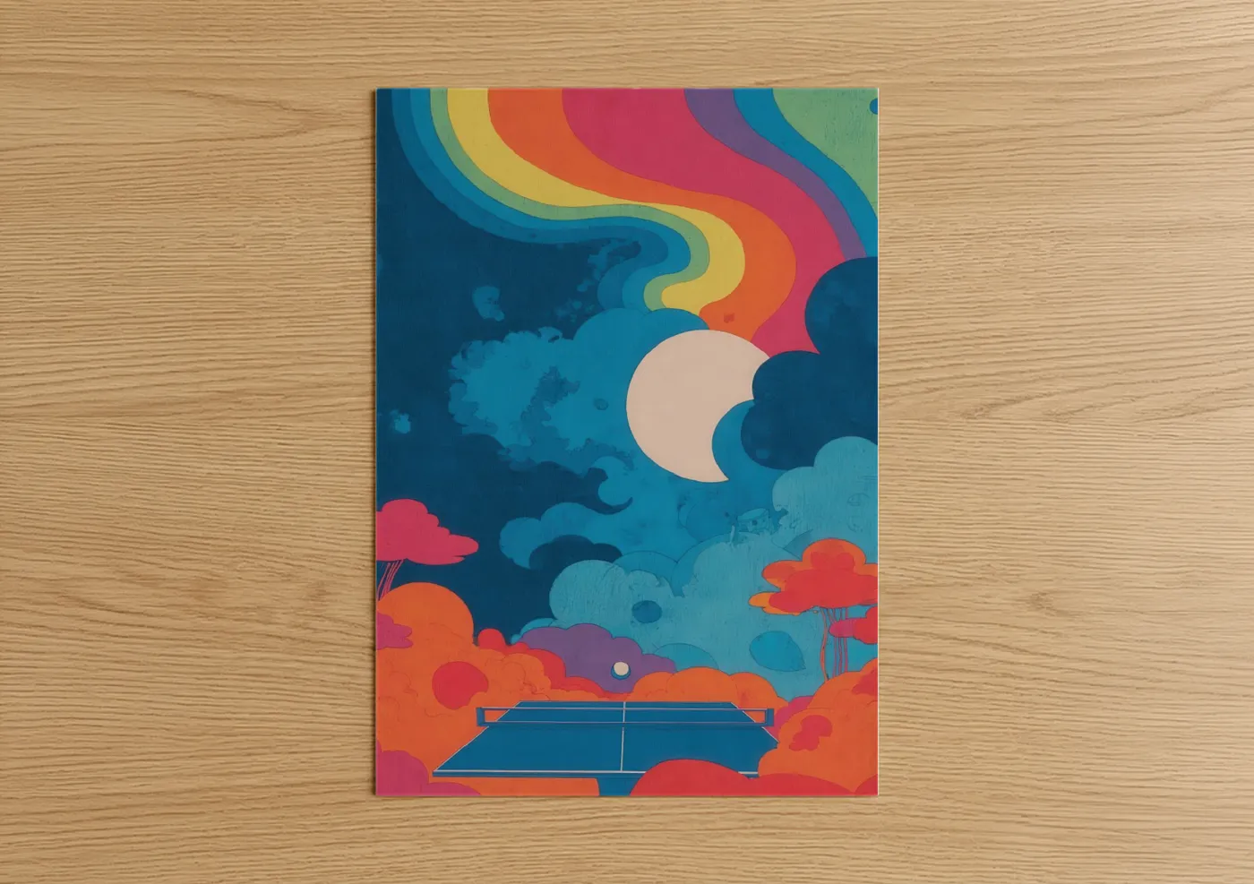 Art print on warm oak wood — blue and orange palette — Moonlit Table Tennis poster