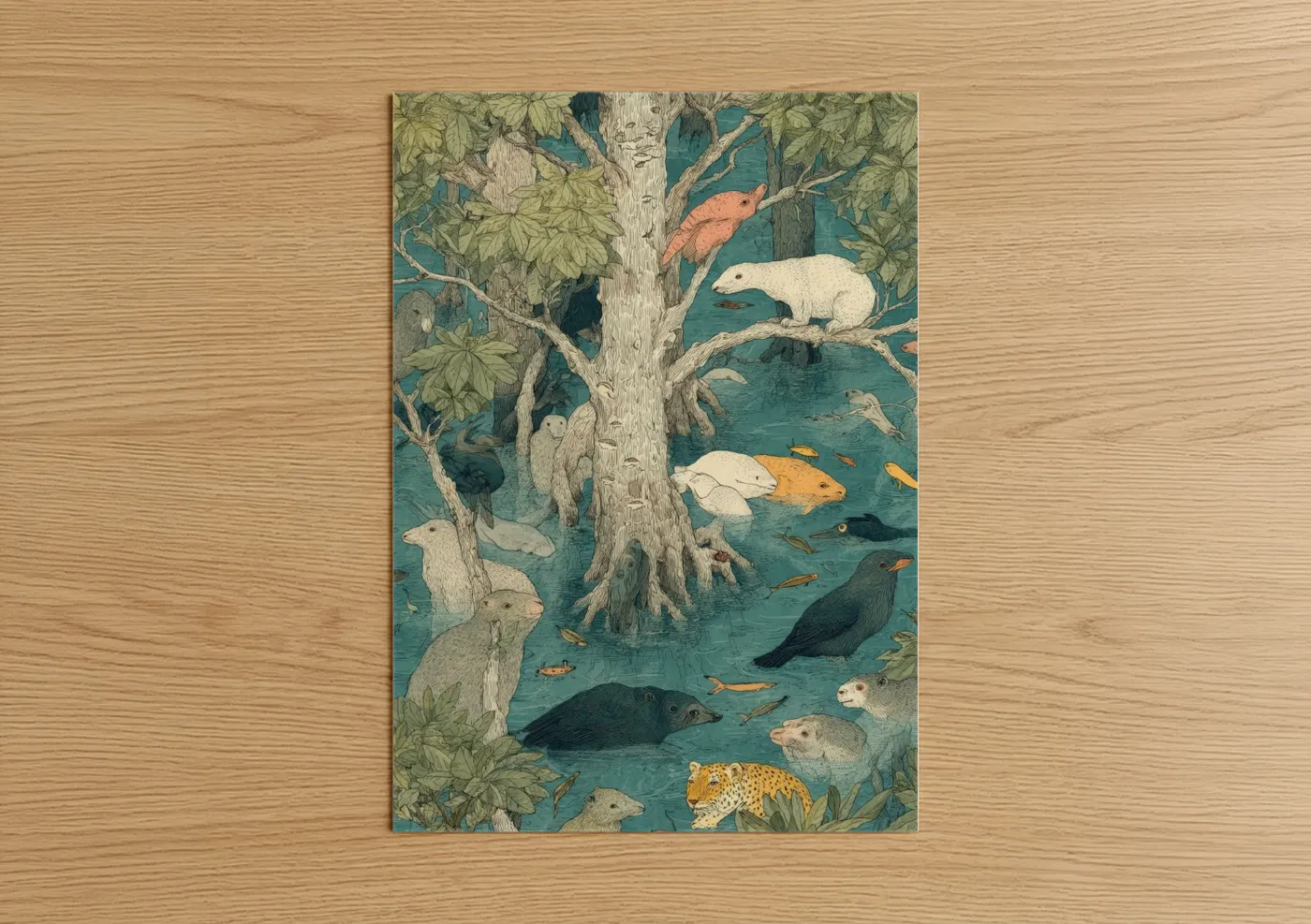 Art print on warm oak wood — teal and light green palette — Mangrove Sanctuary poster