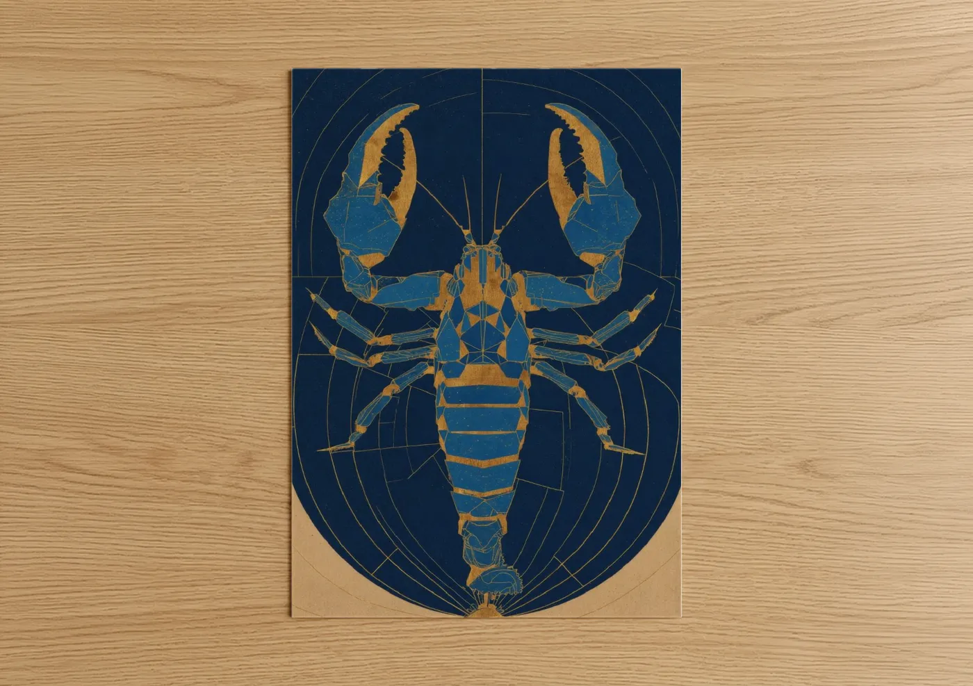 Art print on warm oak wood — dark blue and gold palette — Scorpio Zodiac poster