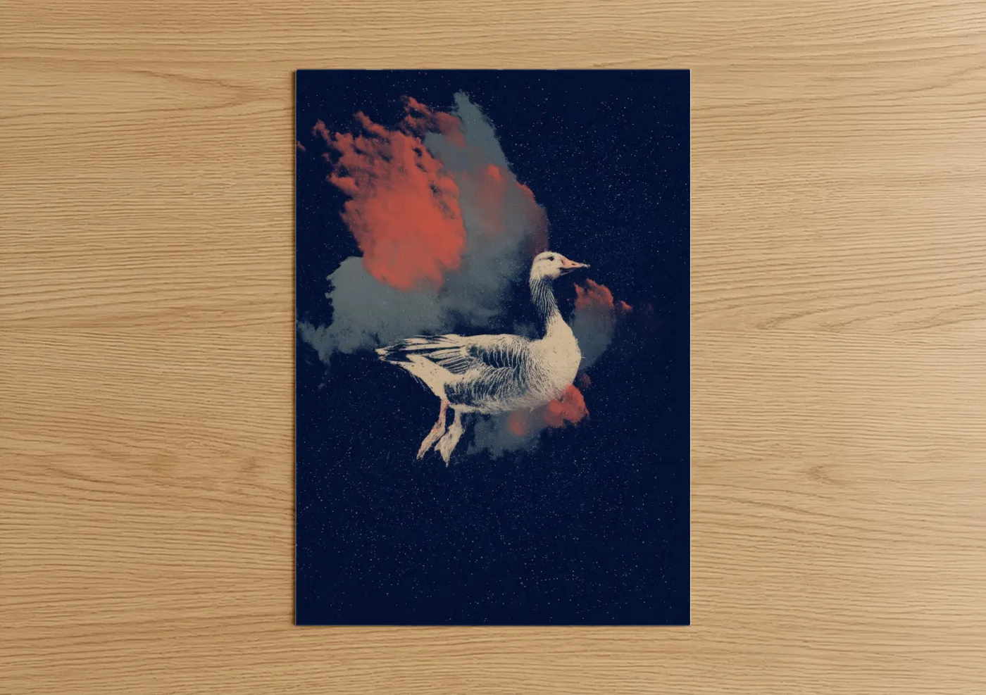 Geese art print on warm oak wood — dark blue and salmon pink palette — Celestial Goose poster