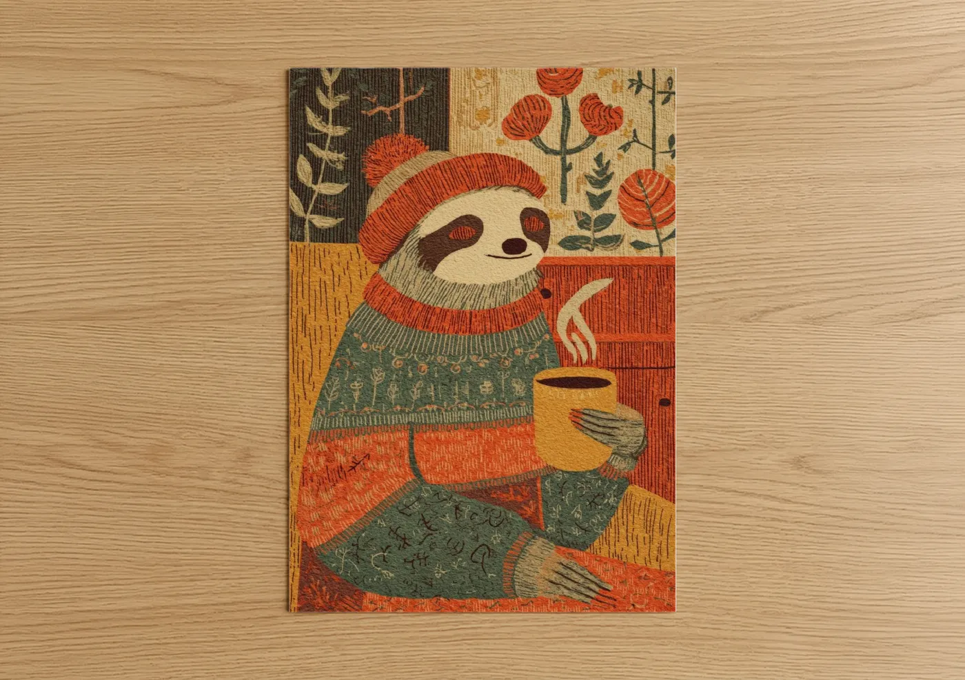 Cozy Sloth with Coffee Warm Illustration Wall Art